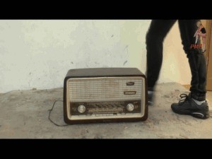 Old historical Radio crushed under merciless Sneakers 9