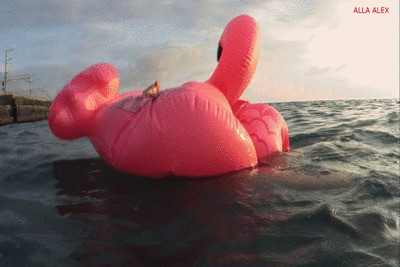 Alla swims on an inflatable flamingo in the sea and falls asleep on the back of an inflatable flamingo, suddenly an unknown person opens the air valves on the inflatable toy!