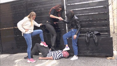 GABRIELLA, CLEO & SCARLET - 'One day at 'Le Prisonnier club' - OUTDOOR brutal trampling, sneaker and boot worship