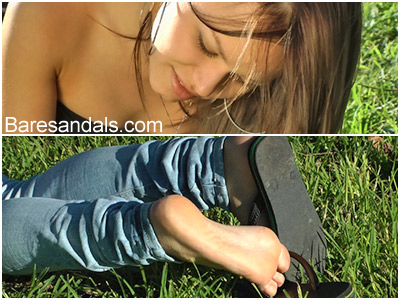 Lucy's soles in the grass and flip flops